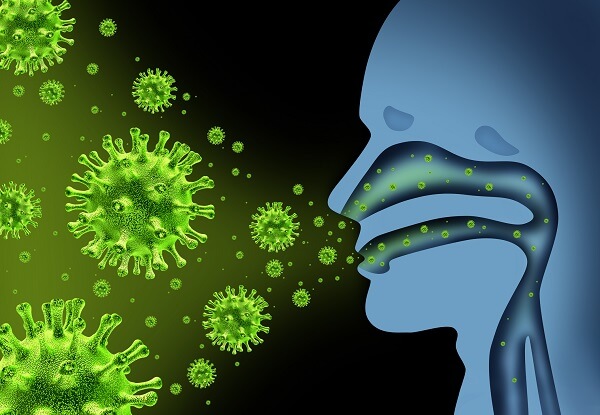Flu virus spread caused by influenza with human symptoms of fever infecting the nose and throat as deadly microscopic microbe cells with 3d illustration elements.