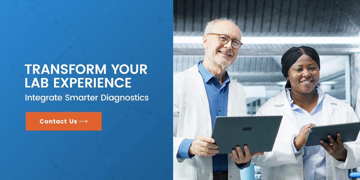 Two lab workers in white coats holding a laptop and tablet, with the text 'Transform Your Lab Experience. Integrate Smarter Diagnostics. Contact Us.